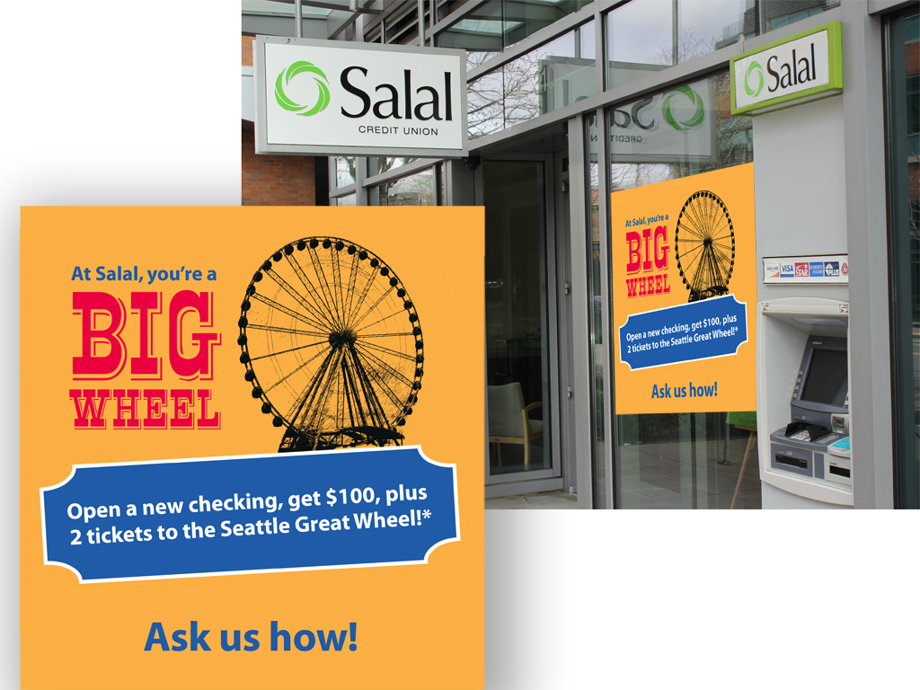 Branch poster for Salal Credit Union. One component of a checking account promotion