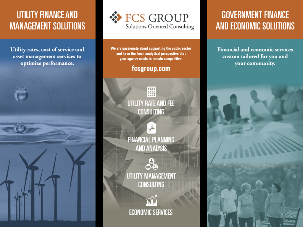 Trade show sign serving as a booth backdrop promoting FCS Consulting Group