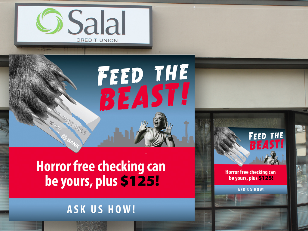 Branch poster for Salal Credit Union. One component of a checking account promotion