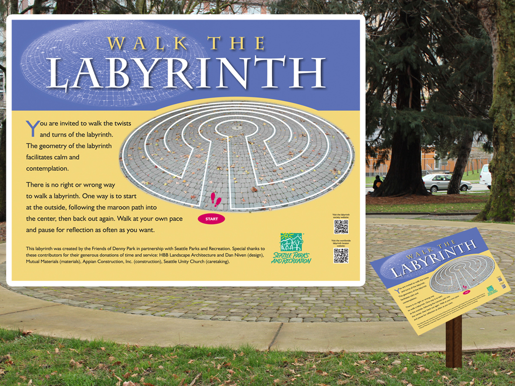 Outdoor sign at Denny Park with instructions for walking a labyrinth (designed by Seattle Unity Church and Seattle Parks department)