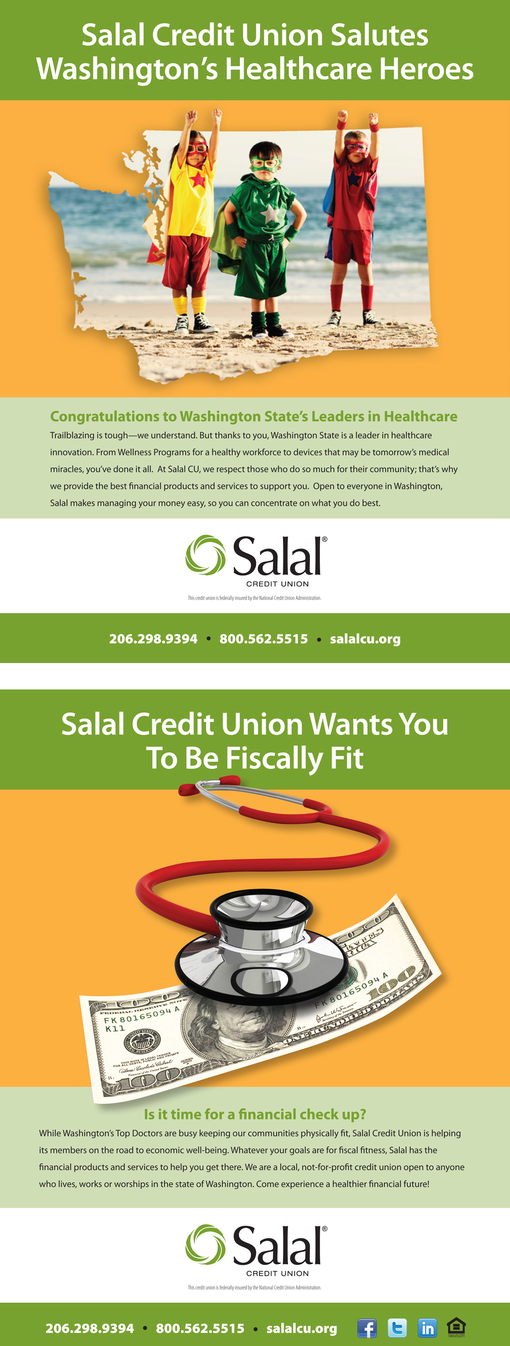 Ads appearing in Seattle Magazine promoting Salal Credit Union offerings for health care workers
