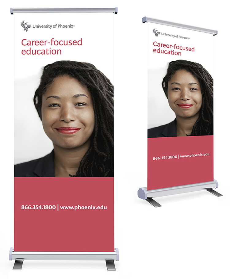 Trade show sign serving as a recruiting tool, promoting the University of Phoenix