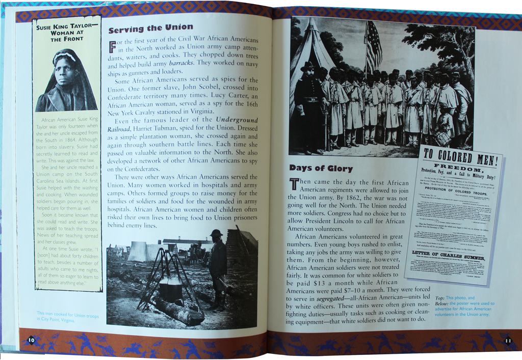 Sample spread for the book series "Voices in African American History," a middle school supplemental educational book program